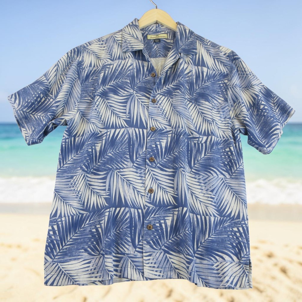 Tommy‎ Bahama Shirt Mens M Blue Silk Palm Leaf Tropical Short Sleeve Button Up